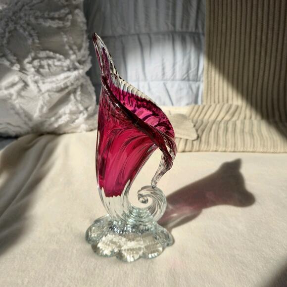 Cranberry to Clear Jack In The Pulpit Glass Vase Vintage Angelo Rossi - Picture 6 of 13